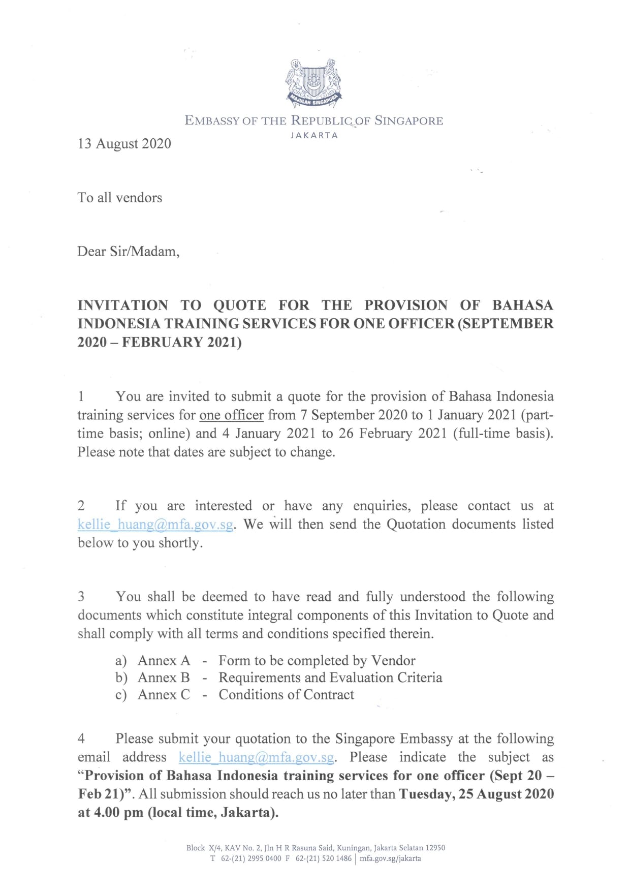 Letter from the Embassy of the Republic of Singapore Jakarta.